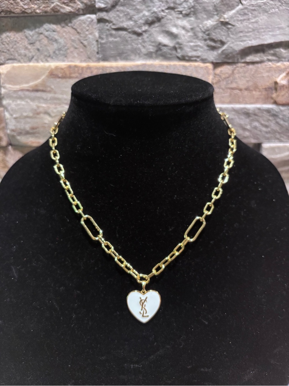 Gold Chain Necklace with YSL White Heart Pendant - Designer Monogram
